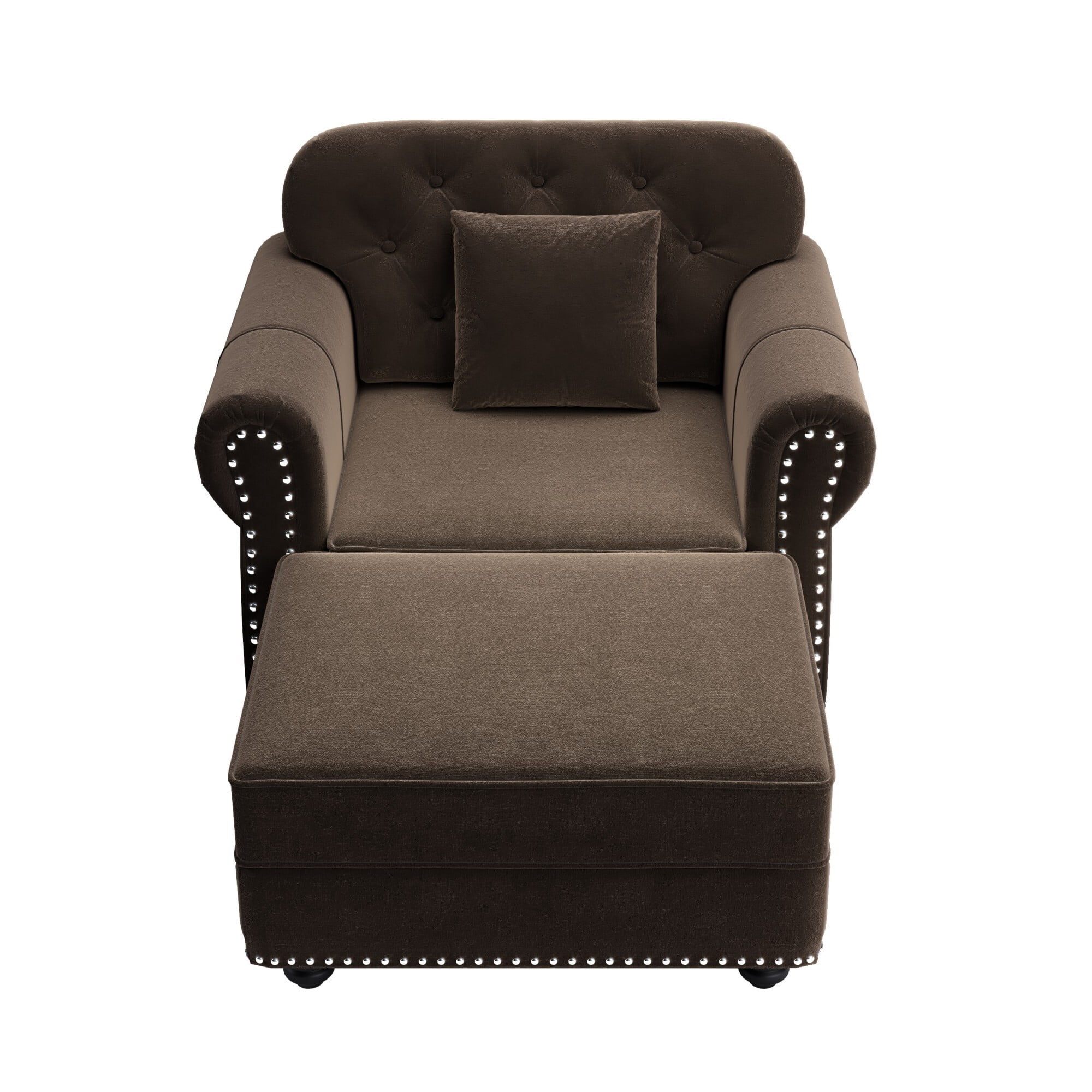 DEALTOPS 41.3 Inch Reversible Chesterfield Velvet Accent Chair with Ottoman, Tufted Nailhead Trim, Brown