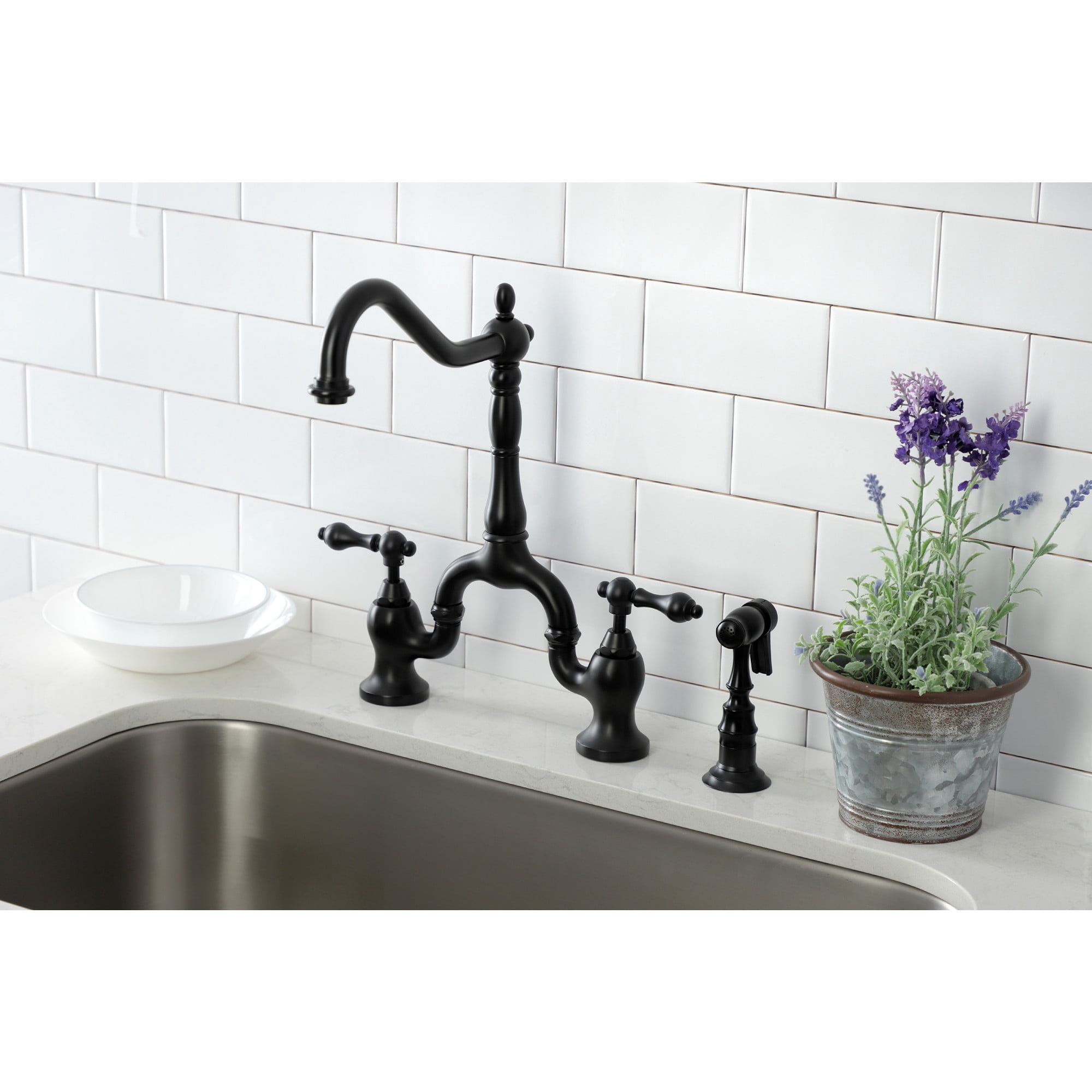 Kingston Brass KS7750ALBS English Country Two-Handle 3-Hole Deck Mount Bridge Kitchen Faucet with Brass Side Sprayer in Matte Black