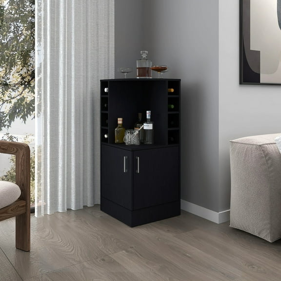 Living Room Cabinets Black Corner Bar Cabinet with Bottle Rack and Open Shelf,Primary Living Space Cabinets