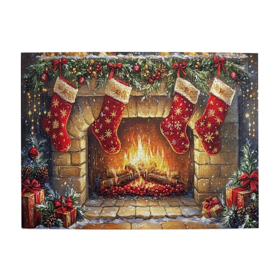 500 PCS Retro Fireplace Christmas Socks 500 Piece Puzzle For Adults,Unique And Beautiful Design,Exquisite Christmas Scene Wooden Puzzles 500 Piece,That Come Together As One Holiday Image