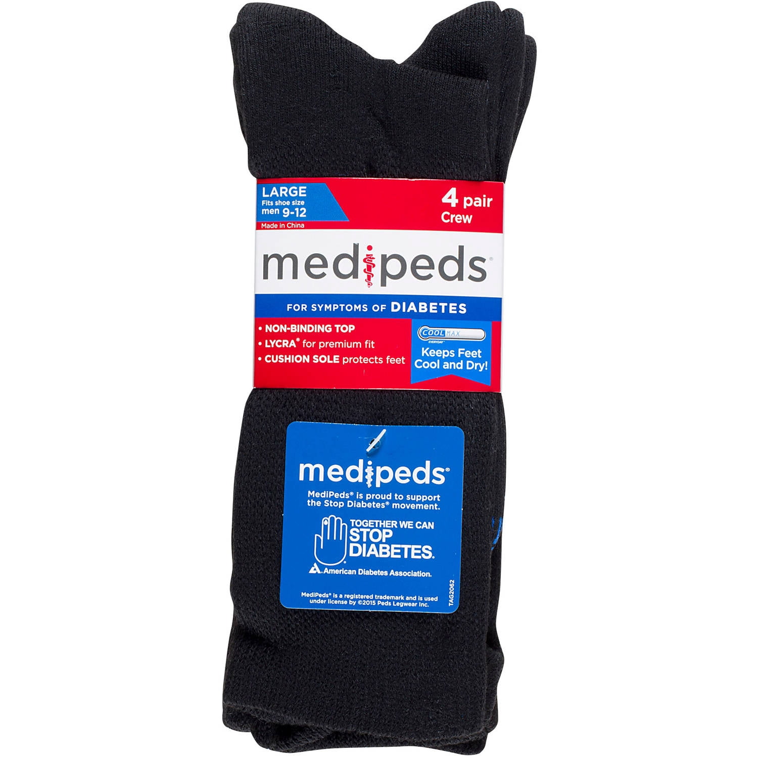 MediPeds Diabetic Crew Casual Socks with Non-Binding Top, Large, 4 Pack