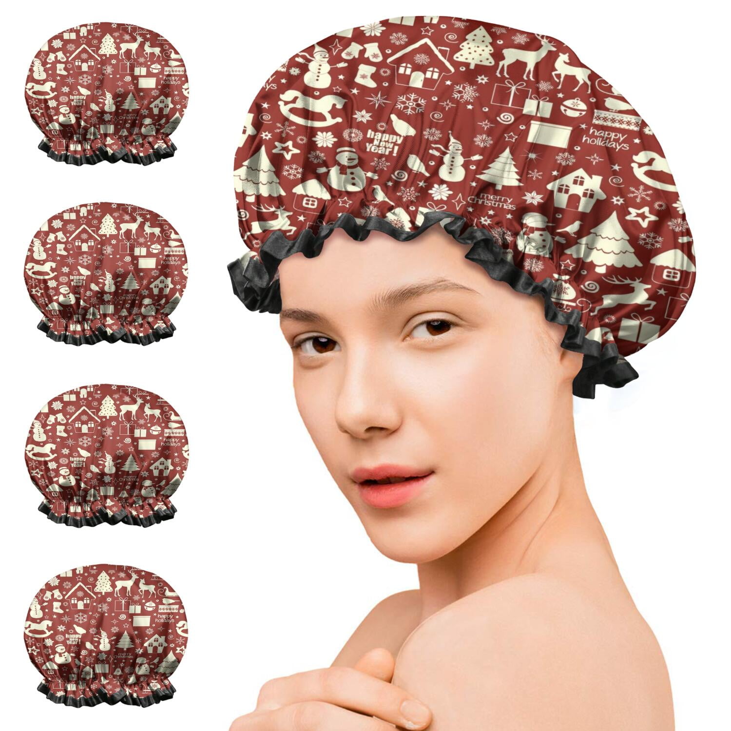 Shower Caps,Red Christmas Icon Pattern Waterproof Shower Cap for Women 4 Pieces,Double Reusable Hair Cover for Shower PEVA Elastic Stretch Hem