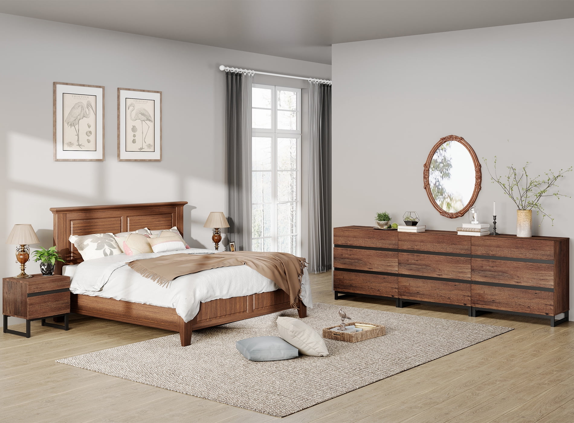 WAMPAT 3 Piece Dresser and Nightstand Sets, 94.5 Inches Dresser &Chest with 6 Drawers, 2 Nightstand with 2 Drawers, Side Table for Bedroom, Bedroom Furniture Set, Brown