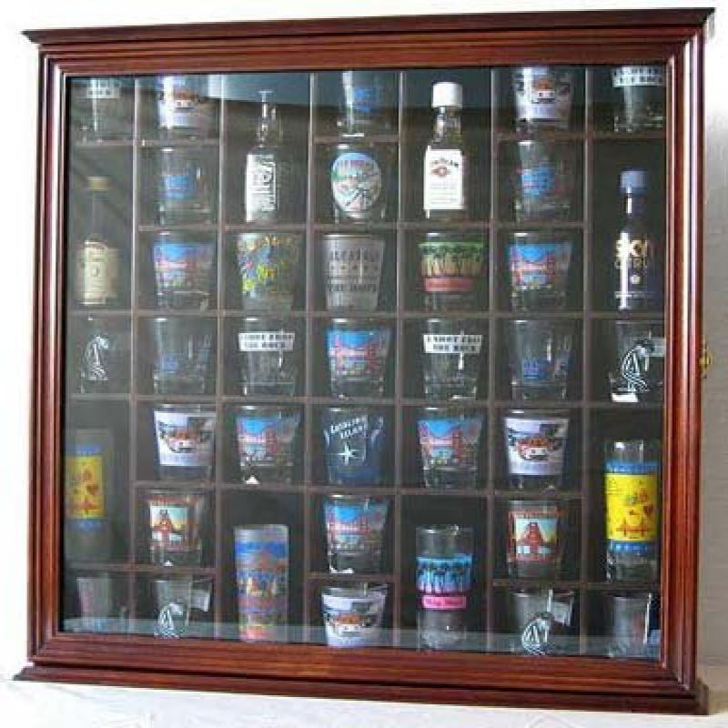 25 Shot Glass Shotglass Display Case Cabinet Holder Wall Rack w/Lockable Door