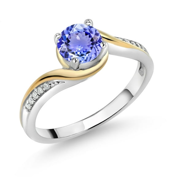 Gem Stone King 925 Silver and 10K Yellow Gold 6MM Round Blue Tanzanite and White Moissanite Engagement Ring for Women | 0.95 Cttw | Gemstone Birthstone | Size 5,6,7,8,9