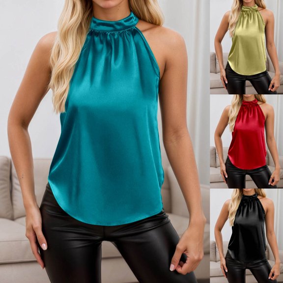 Tisuna Tank Tops For Women Summer Halter Neck Sleeveless Fashion Shirt Ladies Satin Silk Basic Camisoles Size L Black