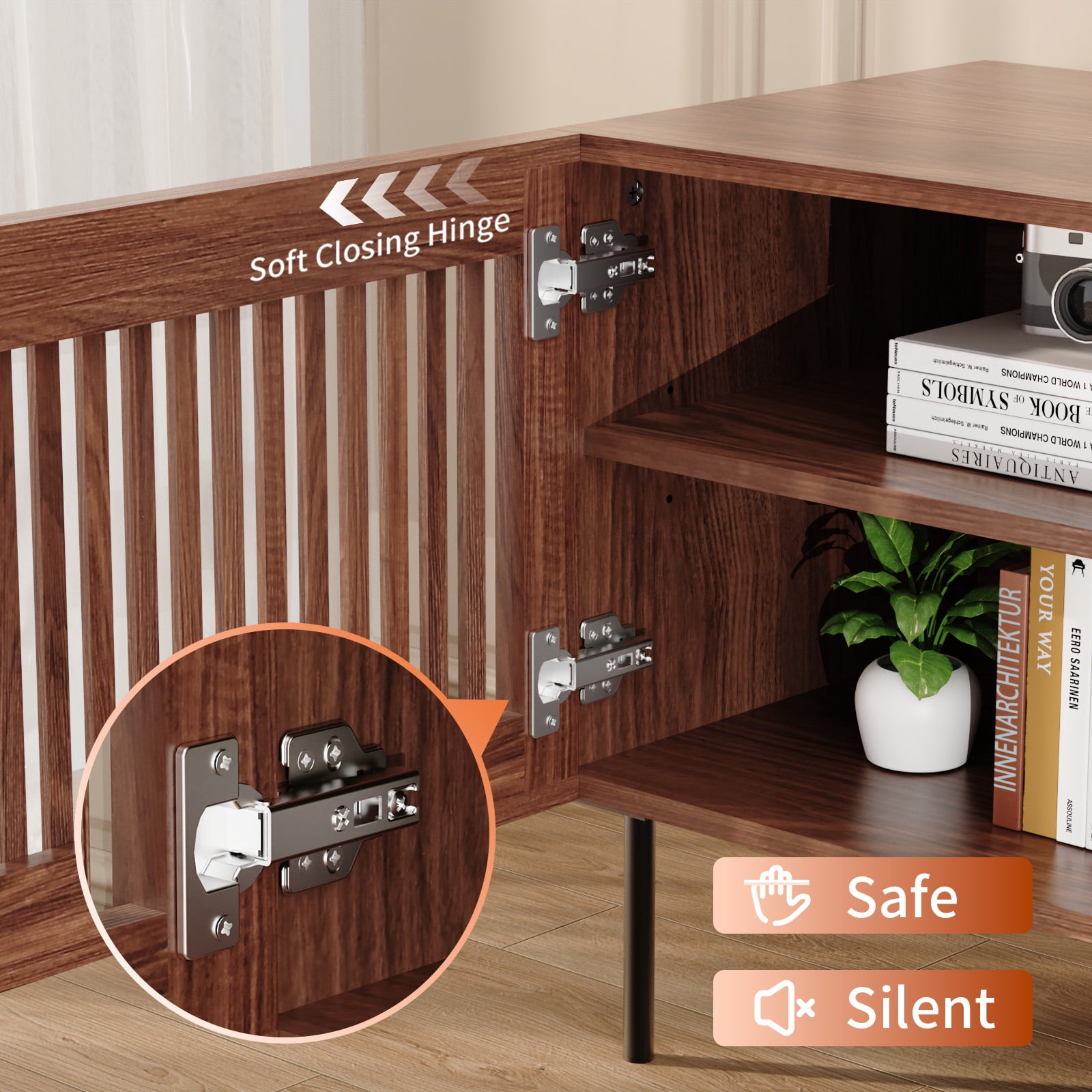 Hommpa TV Stand for 55/65/75/80 inch TV with 2 Slatted Doors and Drawer, Mid Century Modern TV Console for Living Room Bedroom, Storage Cabinets Entertainment Center for Gaming Media Console,Walnut
