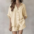 thumbnail image 2 of VBVC Women's 2 Piece Cotton-Linen Collared Outfit Set,Button Down Shirt and Shorts for Women,Ladies Casual Loose Loungewear with Pockets,Beige,S-3XL, 2 of 10