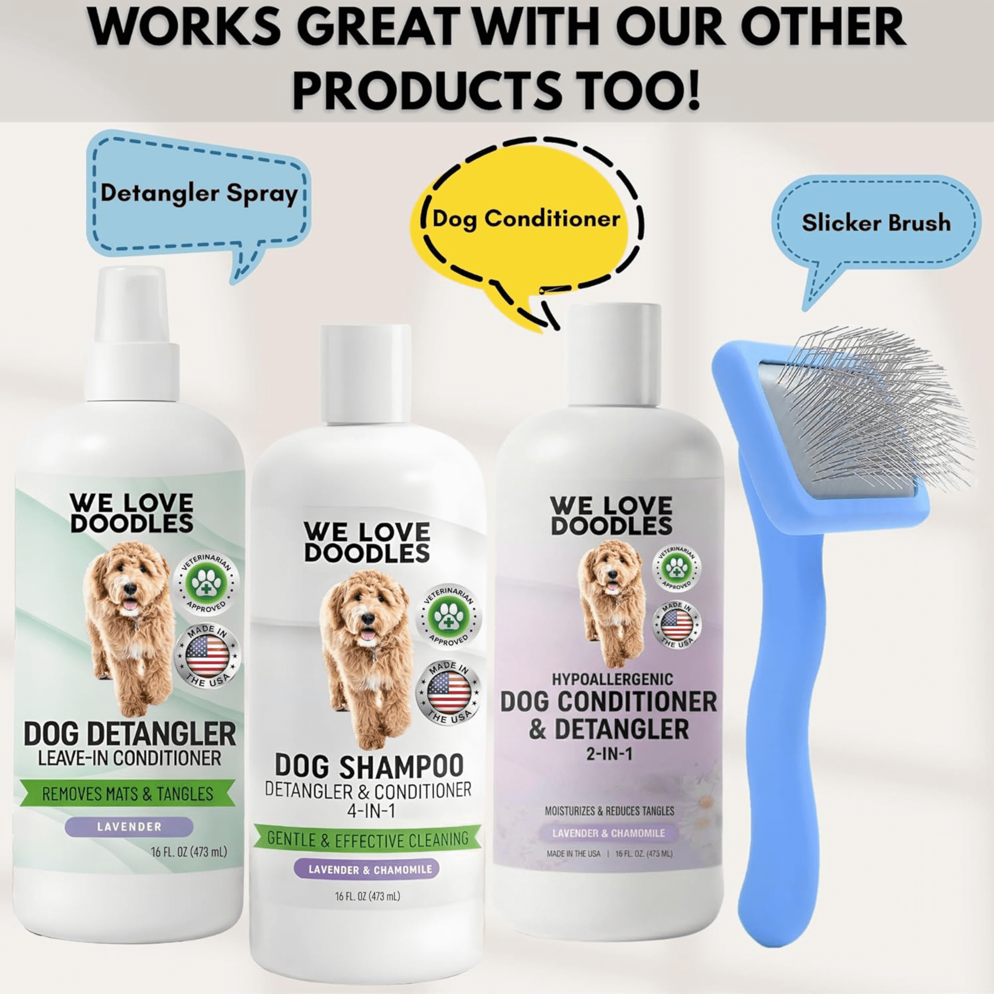 We Love Doodles Organic Professional 4-in-1 Dog Shampoo, Conditioner, Detangler, & Moisturizer, Lavender, 16 fl-oz