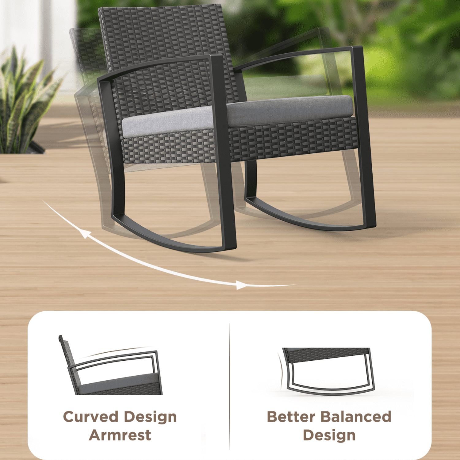 Patio Furniture Set on Sale, Jolifa 3-Piece Outdoor Bistro Balcony Chairs Set with Rocking Chairs and Tempered Glass Table for Porch & Backyard, Gray Cushion(Included)