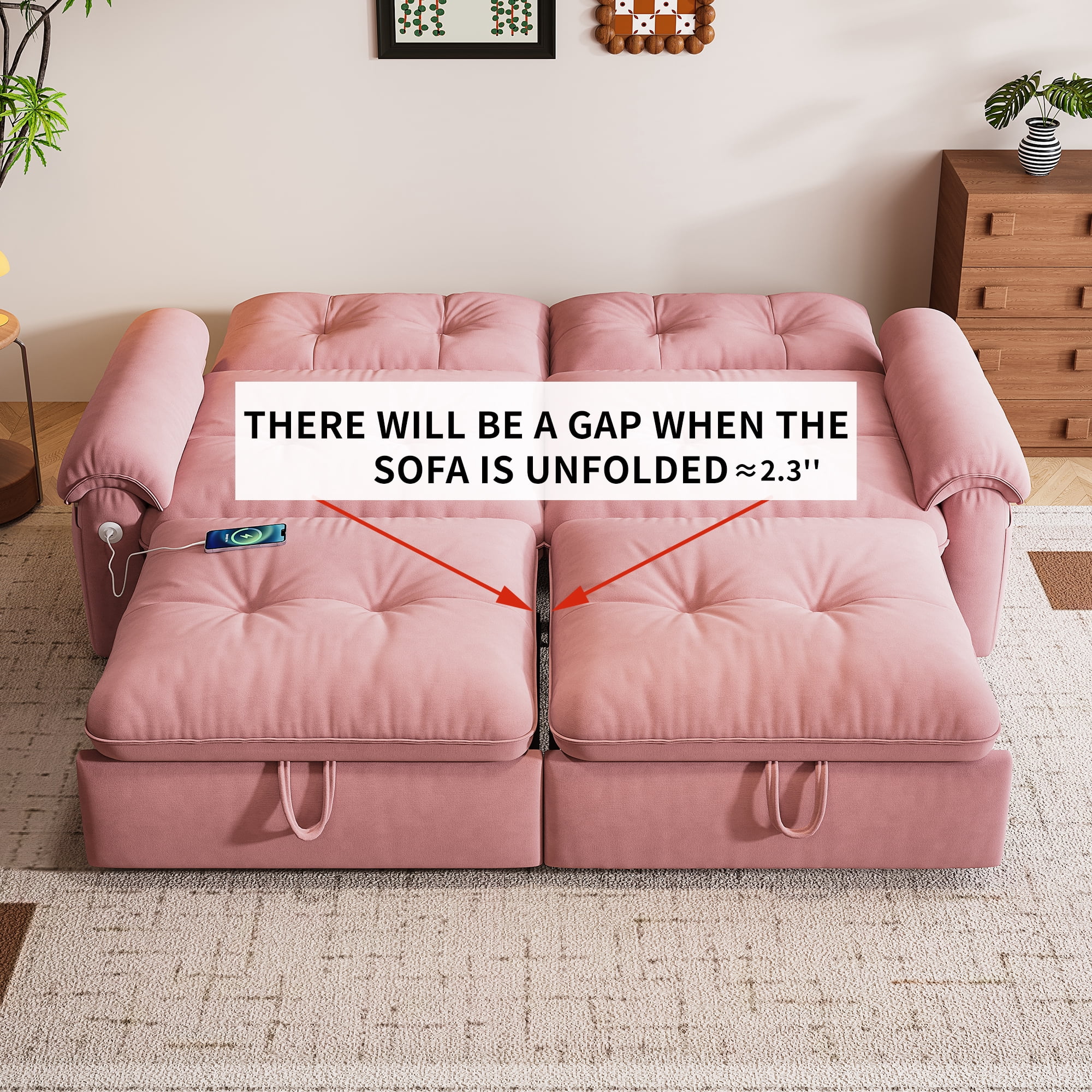 LLappuil 77" Pull Out Sofa Bed Queen Size, Loveseat Sofa Convertible Sleeper Sofa Bed, Flannelette Fabric Sofa Couch for Living Room Pink