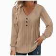 thumbnail image 2 of Fulorrnie T Shirts for Women Plus Size Long Sleeve V Neck Moisture Wicking Tee Oversized Button Loose Fit Plain Top Stretchable Casual Shirt, Khaki, 4, 2 of 5