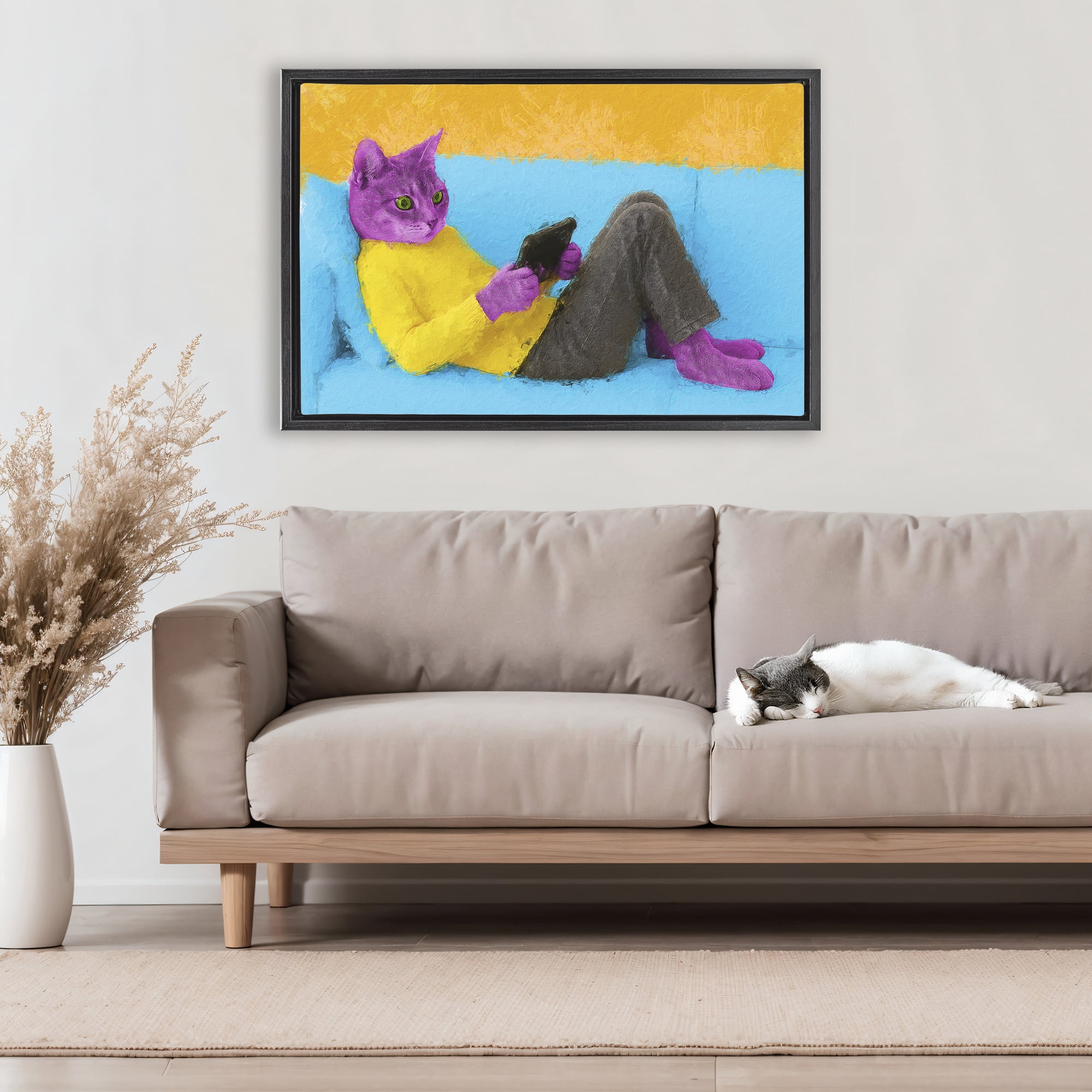 Stupell Industries Vibrant Cat Playing Game Black Framed Floater Canvas Wall Art, design by Sean Parnell