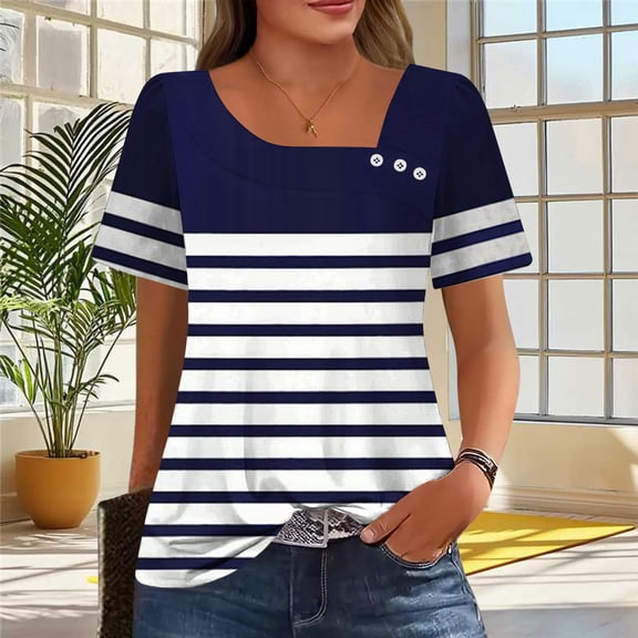MORESEC Women Plus Size Striped Button Down Shirt Short Sleeve Square Neck Casual Tops Cute Basic Tee Shirts Everyday Fashion Clothes, Navy XL