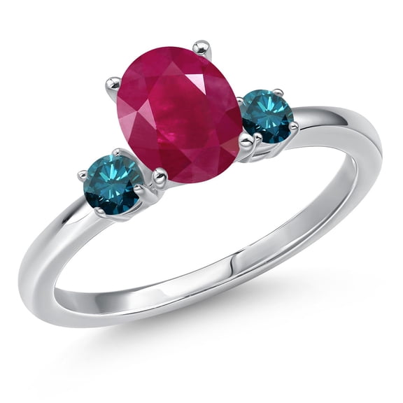 Gem Stone King 14K White Gold Red Ruby and Blue Diamond Engagement Ring for Women | 1.80 Cttw | Oval 8X6MM | Gemstone July Birthstone | Size 6
