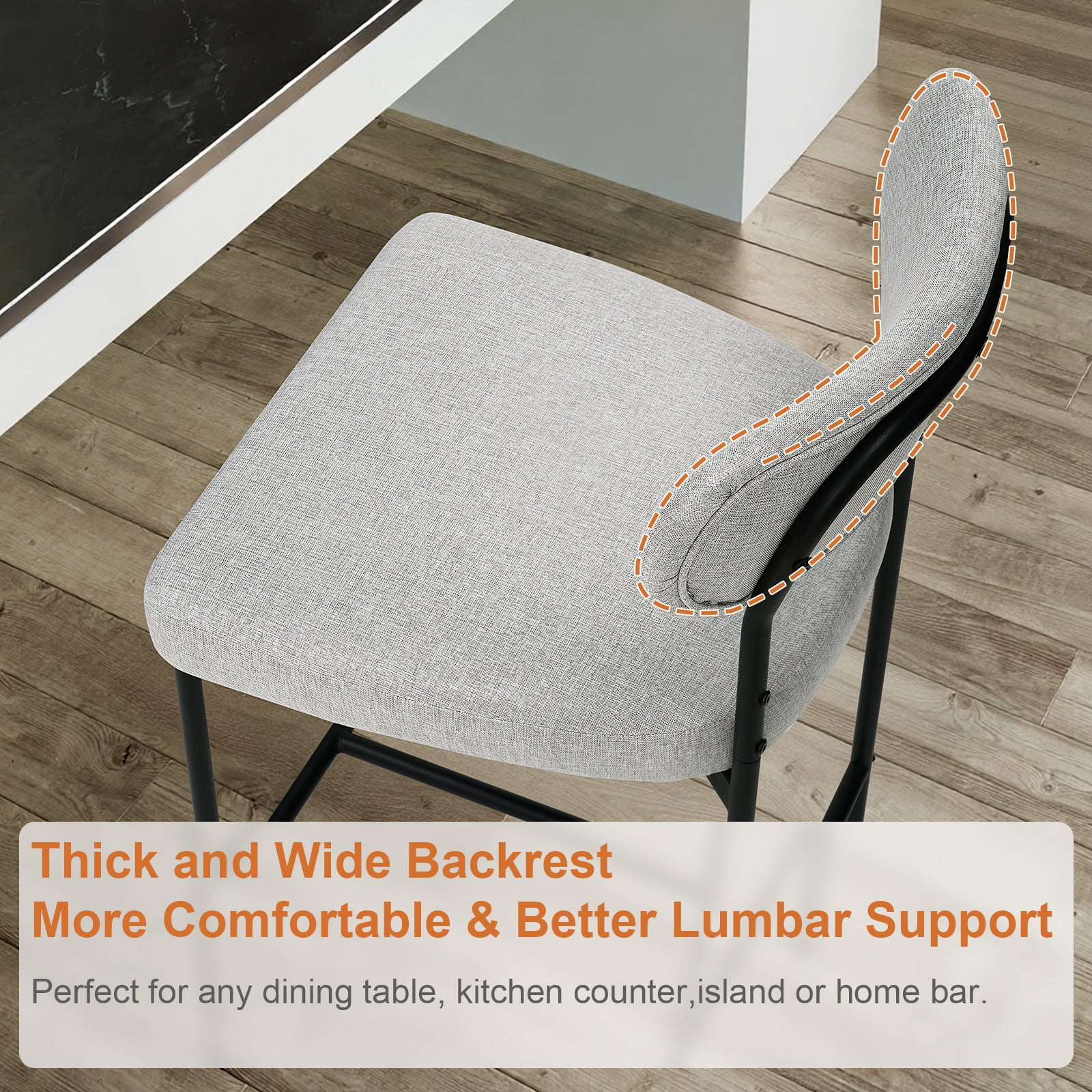 Hommpa Bar Stools Chairs Set of 2, 26" Beige Fabric Kitchen Counter Stools with Curved Back and Footrest, Fabric Counter Height Bar Chair for Kitchen Island