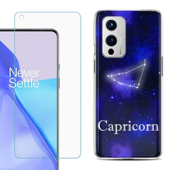 Slim-Fit TPU Phone Case Compatible with OnePlus 9 5G, with Tempered Glass Screen Protector, by OneToughShield ® - Zodiac / Capricorn