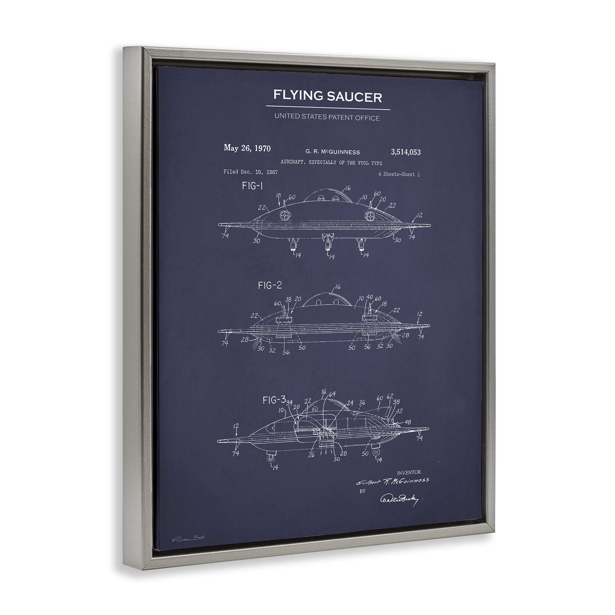 Stupell Industries Flying Saucer Blueprint Transportation Painting Gray Floater Framed Art Print Wall Art, 25 x 31