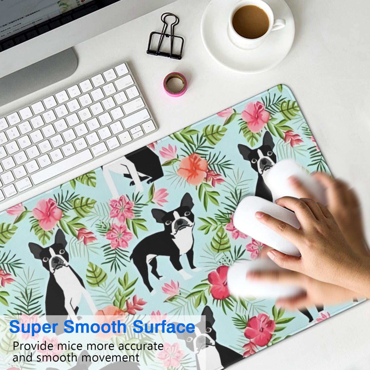 Long Mouse Pads for Desk,Boston Terriers and Pioneer Flower Desk Mats on Top Of Desks, Desk Mouse Pad Extra Large with 3mm Non-Slip Base and Stitched Edge for Gaming,Office,Work,Home 35.4"x15.7"