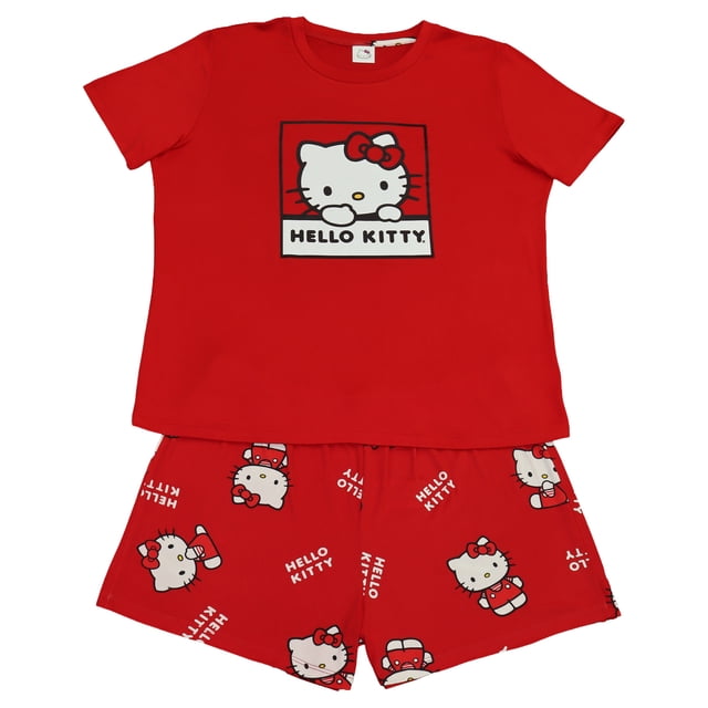 Pijama Hello Kitty para Dama Set Playera Manga Corta con Short Rojo Talla M 2 Piezas