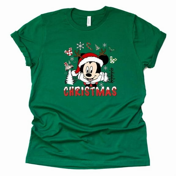 Disney Mickey Merry Christmas Graphic Design Casual Short Sleeve Shirt (Green-2X Large)