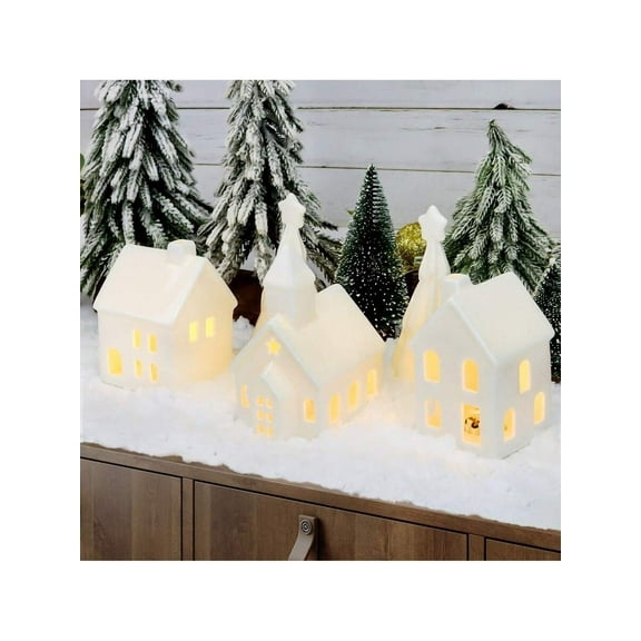 Christmas Village Set - 5 Pcs White Ceramic Christmas Village Houses With Trees, Light Up Town Figurines For Creative Holiday Painting And Indoor Winter Table Decoration