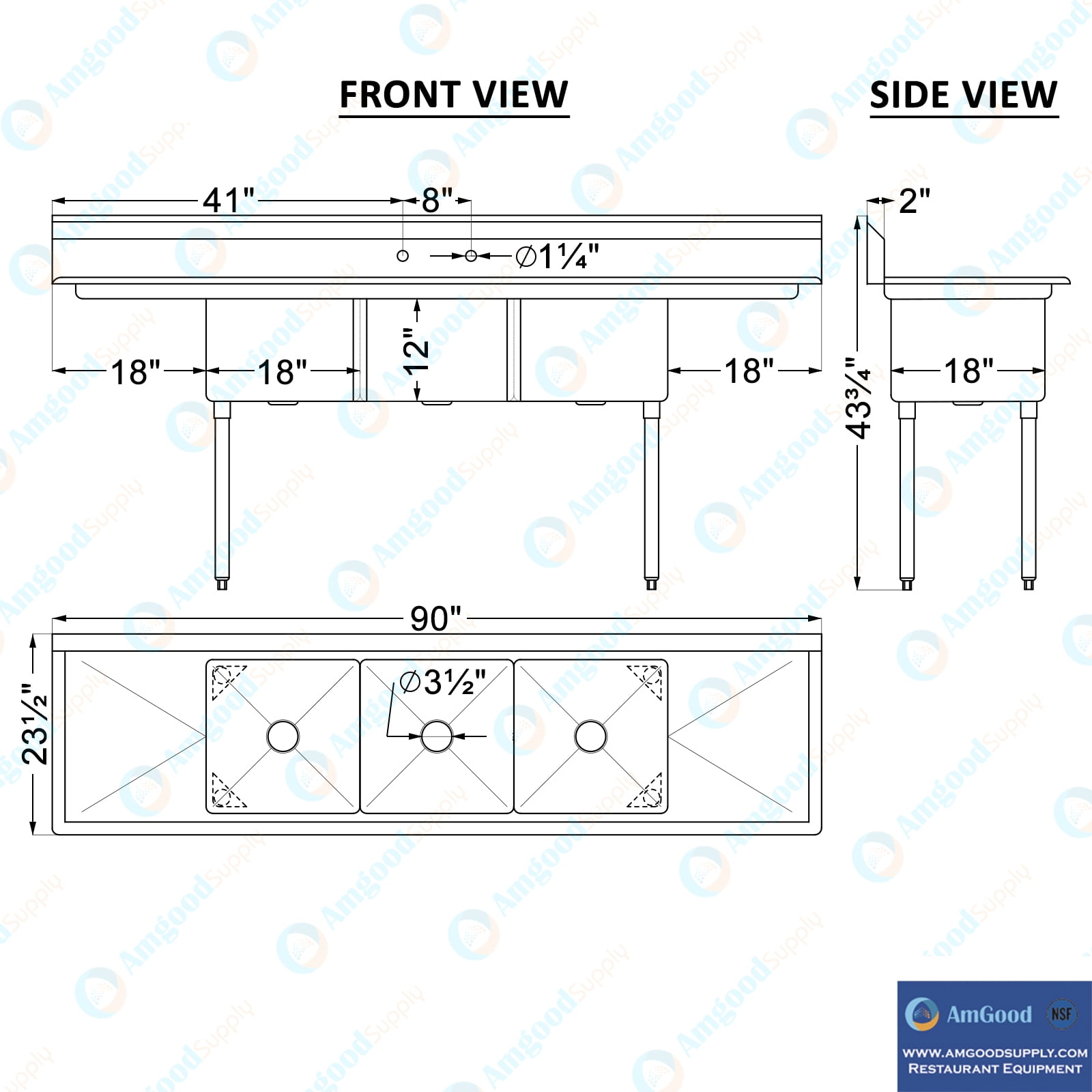 18″ x 18″ x 12″ with 18″ Left and Right Drainboards Three Compartment Stainless Steel Commercial Kitchen Prep & Utility Sink | NSF
