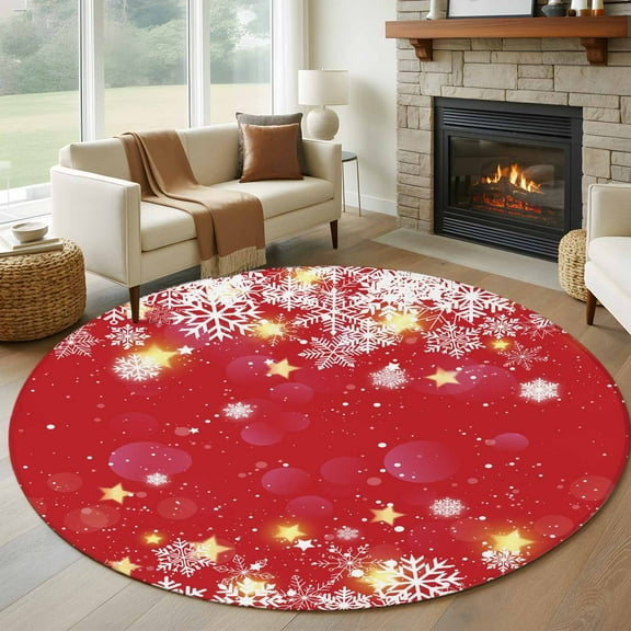 Red Snowflake Christmas Round Rug 5ft Washable Circle Kitchen Rugs Non Slip Xmas Snowflake Winter Modern Art Large Area Rug Indoor Floor Carpet for Bedroom Living Room Home Office Dining Room Nursery