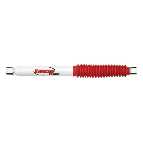 Rancho RS55380 Shock Absorber RS5000X Nitrogen Gas Charged; Limited Lifetime Warranty; Non Adjustable Valving; With Shock Boots; White Shock Body With Red Shock Boots; Single