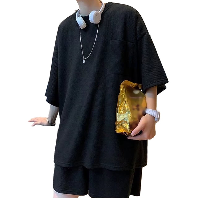 Conjunto corto informal de dos piezas para hombre, camisetas de manga corta con textura de gofre, pantalones cortos, trajes de dos piezas para verano
