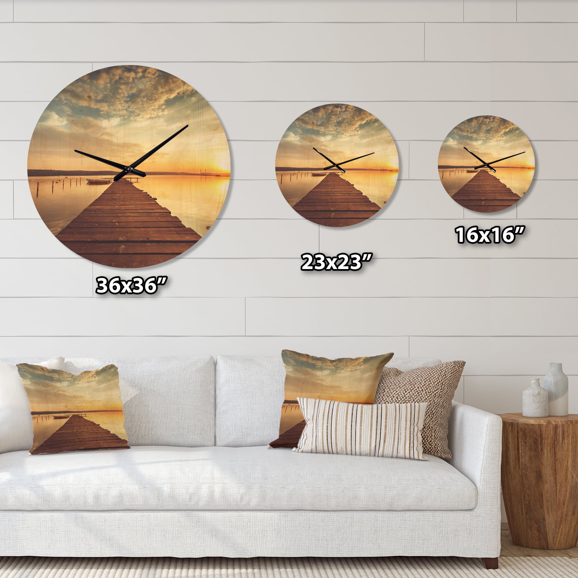 Designart 'Sea Pier under Beautiful Cloudscape Evening Lights' Farmhouse Wood Wall Clock