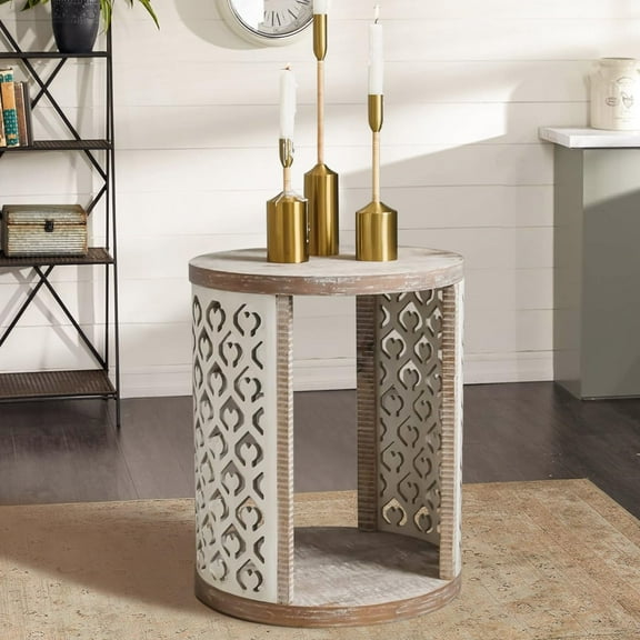 Farmhouse Round End Table, Distressed Wood Side Table, Bedside Table, 2-Tier Night Stand for Small Space, Living Room, Bedroom, Boho, Rustic