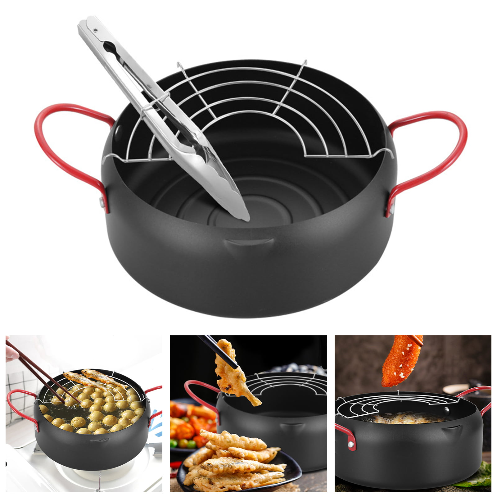 Non-stick coating Frying pan with thermometer Tempura Fryer Pot, Mini Deep  Fry Pan with Drainer Mini Deep frying pan with oil frying pan 10 IN