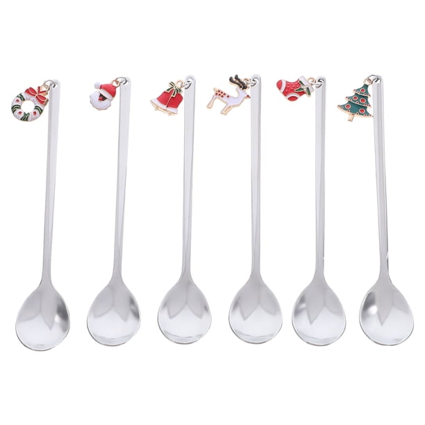 Cucharas para té: Cucharas navideñas de acero inoxidable con dibujos animados y colgantes - Utensilios para mezclar postres - Vajilla navideña para helados
