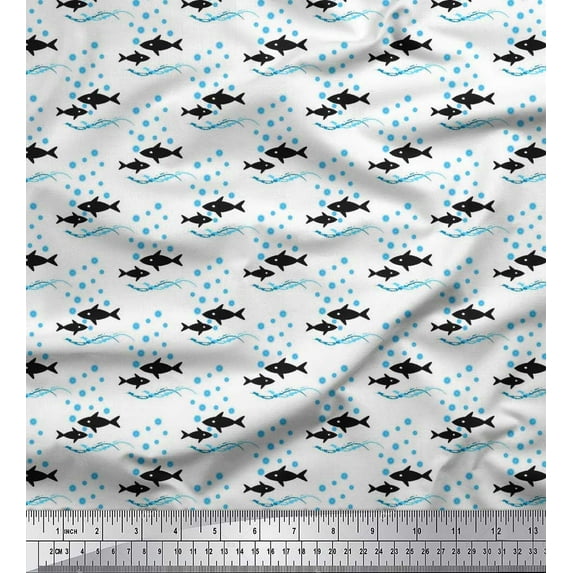 Soimoi Cotton Poplin Fabric Waves,Bubbles & Fish Ocean Printed Craft Fabric by the Yard 56 Inch Wide