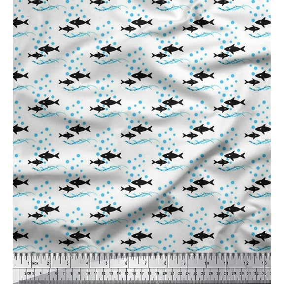 Soimoi Cotton Duck Fabric Waves,Bubbles & Fish Ocean Printed Craft Fabric by the Yard 42 Inch Wide