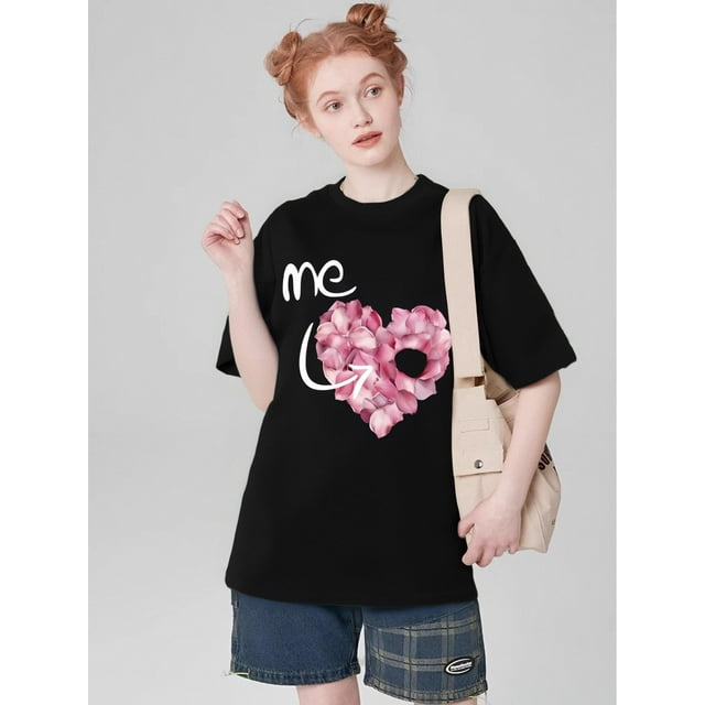 Valentine'S Day Romantic Exclusive ME YOU Heart Print T-Shirt, 100%, Casual Crew Neck, Slight Stretch, Comfortable Knit Fabric, with Pink Rose Petal Design, for Couples, All-Season Wear