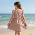 thumbnail image 4 of Grblisyd Girls Dresses Size 10-12 Summer Solid Color Cotton Linen Sundress Casual Party Wedding Ruffle Sleeve Crew Neck Knee Length A Line Dress, 4 of 6