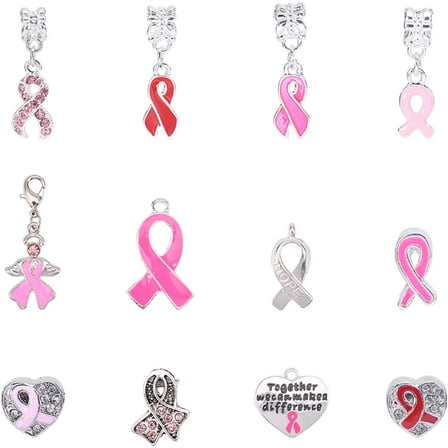 12 PCS Silver Plated Breast Cancer Awareness Pink Ribbon Dangle Charm European Style Beads Charm