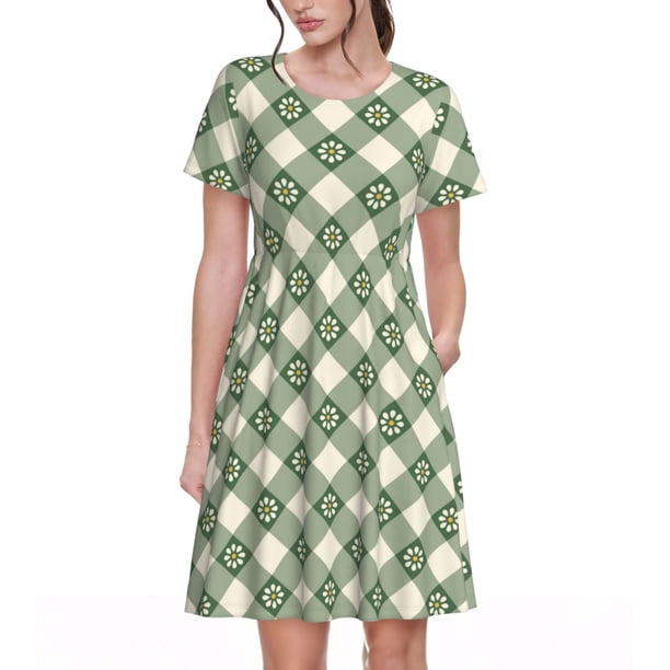 Disketp Daisy Plaid Green para Vestido de Manga Corta para Mujeres, Vestidos de Verano para Mujeres, Casual y Holgado para la Playa