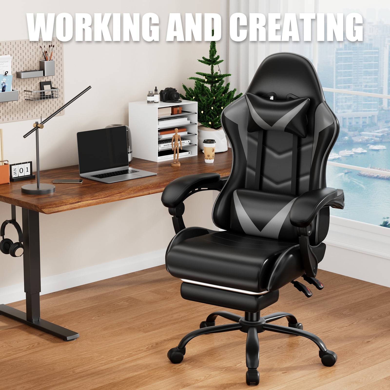 Czlolo Gaming Chair, Lumbar Massager Game Chairs, High Back Reclining, with Headrest Gamer Office Chair.(Gray)