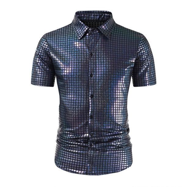 Camisa Elvqul para Hombre Playa con Lentejuelas Morado Manga Corta Abotonada Solapa