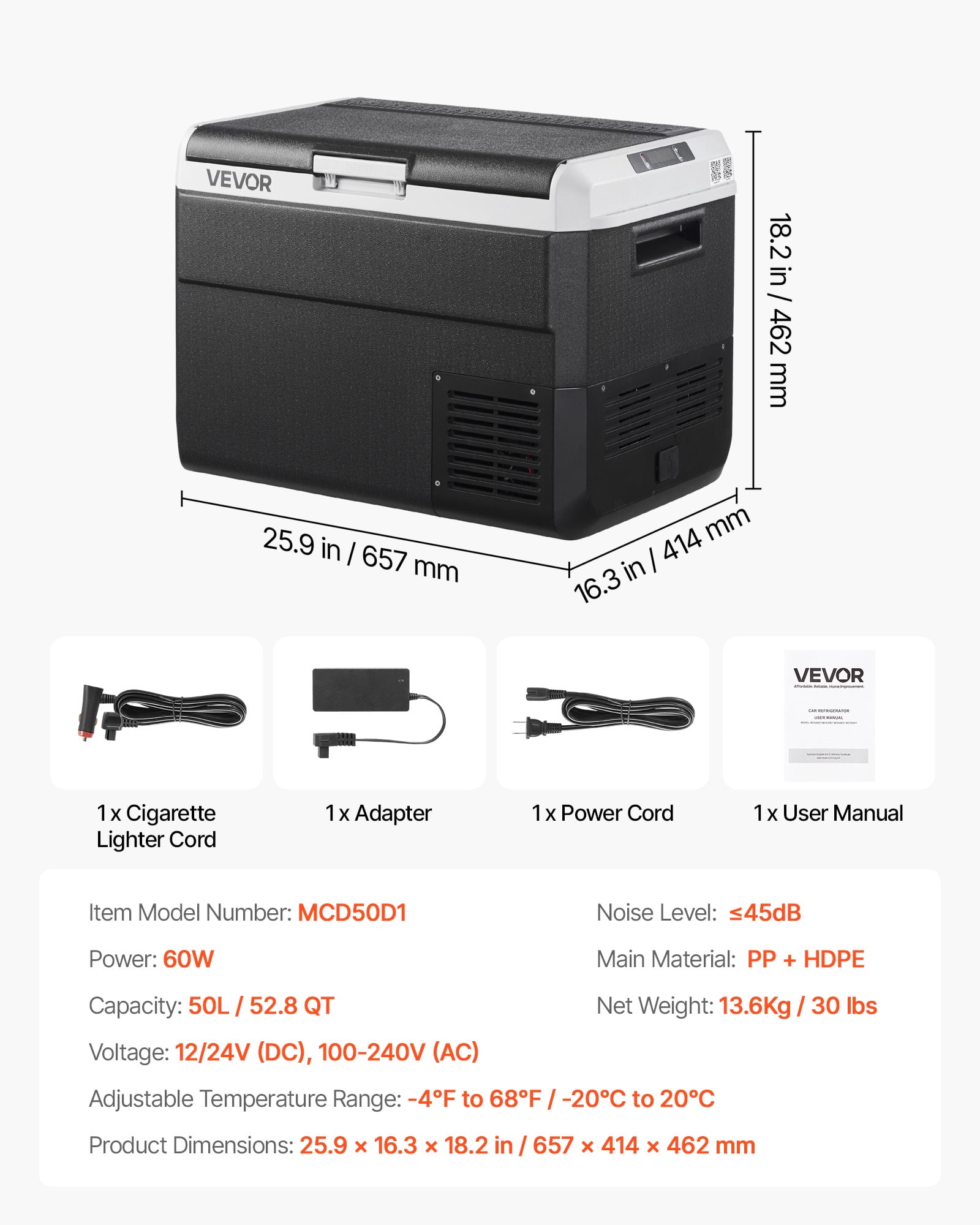 VEVOR 12 Volt Car Refrigerator, 52.8QT/50L Car Fridge, Portable Electric Cooler with -4℉~68℉ Adjustable Temperature, 12/24V DC and 100- 240V AC Compressor Freezer for Outdoor, Camping, Travel, RV