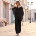 thumbnail image 5 of CIENVNSTG Mother Of The Bride Pant Suits Cold Shoulder Chiffon Ruffle Top And Wide Leg Pants Two Piece Pant Suit Wedding Guest Outfit Black L, 5 of 8
