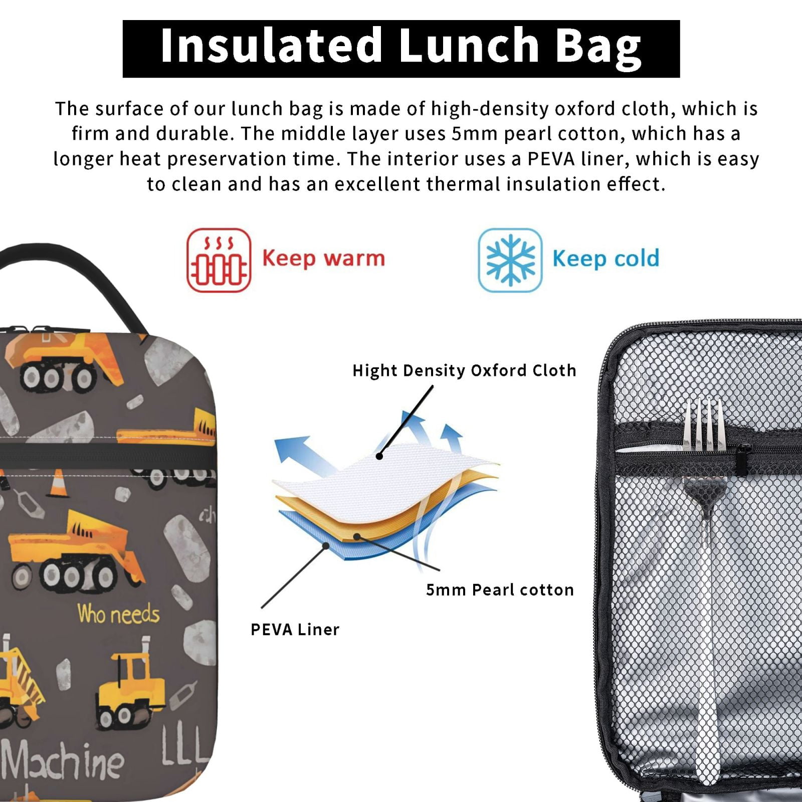 Lunch Bag For Women Men Insulated Portable Lunch Box Bento Box Office Picnic Travel Cooler Bag Engineering Vehicles Cargo Trucks