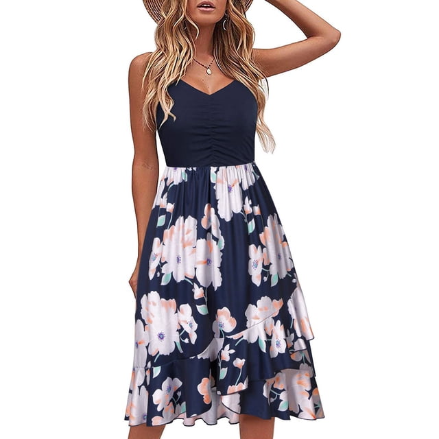 Pisexur Robe Sans Manches Col en V Mode Femmes Robes Col en V Été Imprimé Décontracté Sans Manches Vacances Plage Longueur Genou Robe Femmes