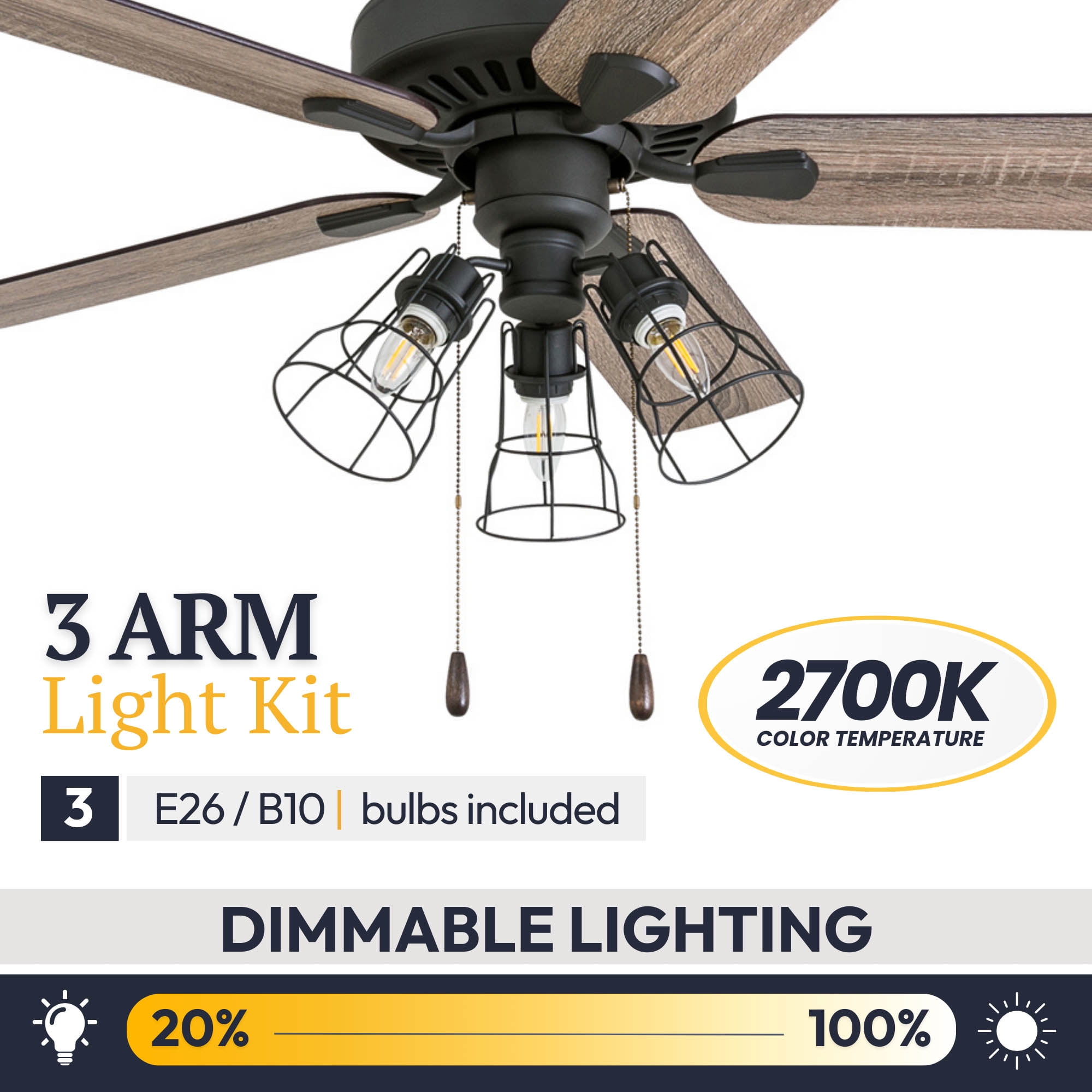 Prominence Home Inland Seas 52" Bronze Farmhouse Ceiling Fan with 5 Blades, 3 Arm Cage Light Kit, Remote & Reverse Airflow