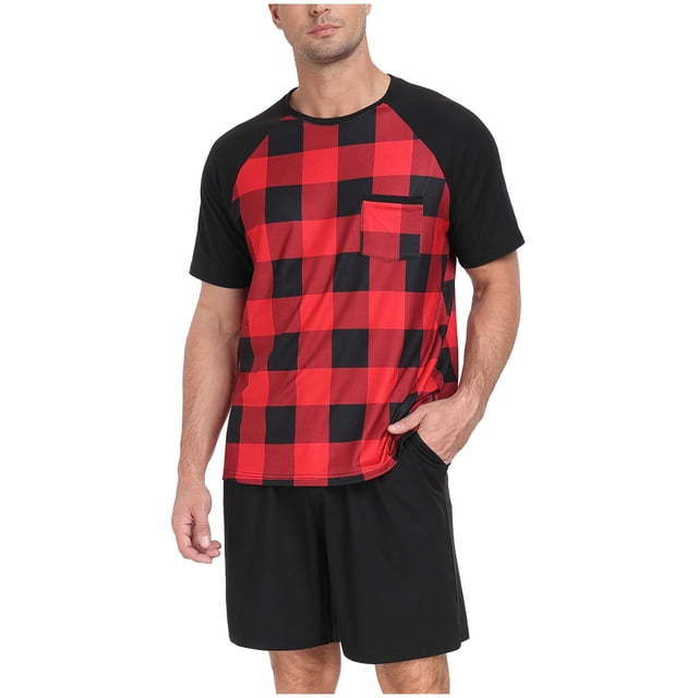 FAIWAD Pyjama pour Hommes Ensemble de Shorts Manches Courtes Col Rond à Carreaux 2 Pcs Vêtements de Nuit avec Poches