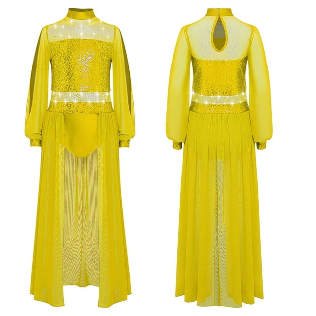 Aislor Kids Girls Lyrical Dance Costume Rhinestones Recitals Skirted Leotard Dance Competitions Dress Yellow 10