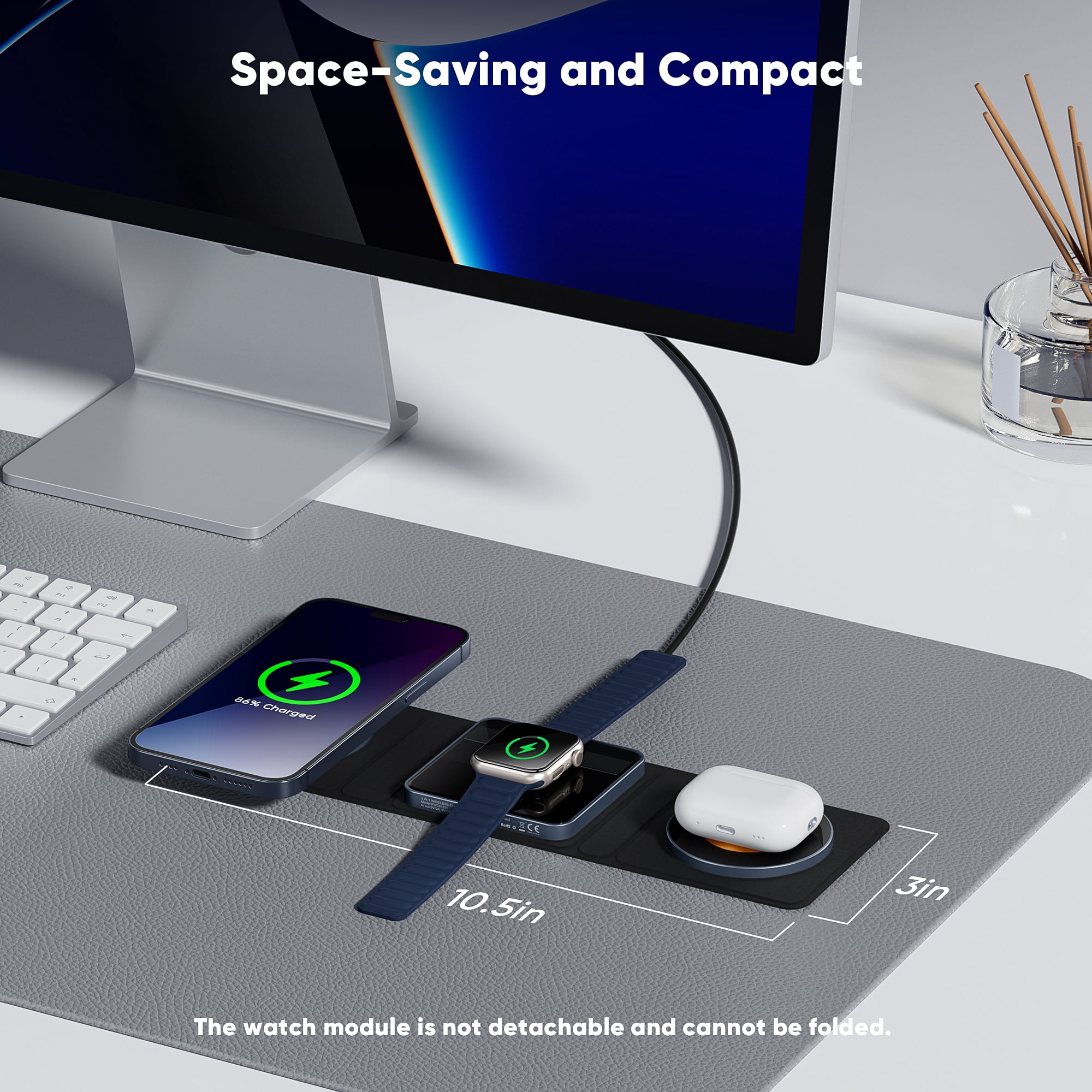GUSGU 3 in 1 Charging Station, Leathe Surface, Magnetic Foldable 3 in 1  Wireless Charging Stand for iPhone 15/14/13/12, Apple Watch S1-8/Ultra, AirPods